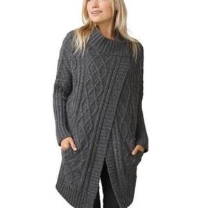 Prana Delaney Duster Cardigan Size M Chunky Cable Knit Cross Over Snap Closure